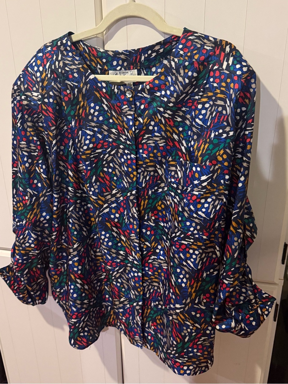 Vintage 80s Multicolor Abstract Blouse 24W Shoulder Pads Artsy Statement Top - Picture 2 of 5
